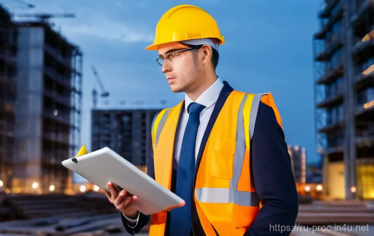 공정관리기술자와 크레인 스케줄 관리 - **A highly professional construction project manager, of any gender, standing confidently in front o...