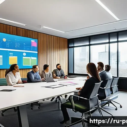공정관리 업무에서 흔히 발생하는 문제와 해결법 - A modern office meeting room scene featuring a diverse project team gathered around a large table, e...