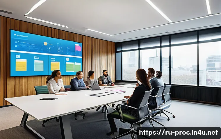 공정관리 업무에서 흔히 발생하는 문제와 해결법 - A modern office meeting room scene featuring a diverse project team gathered around a large table, e...